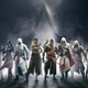 A large group of assassins from multiple games stand together in front of the franchise's logo.